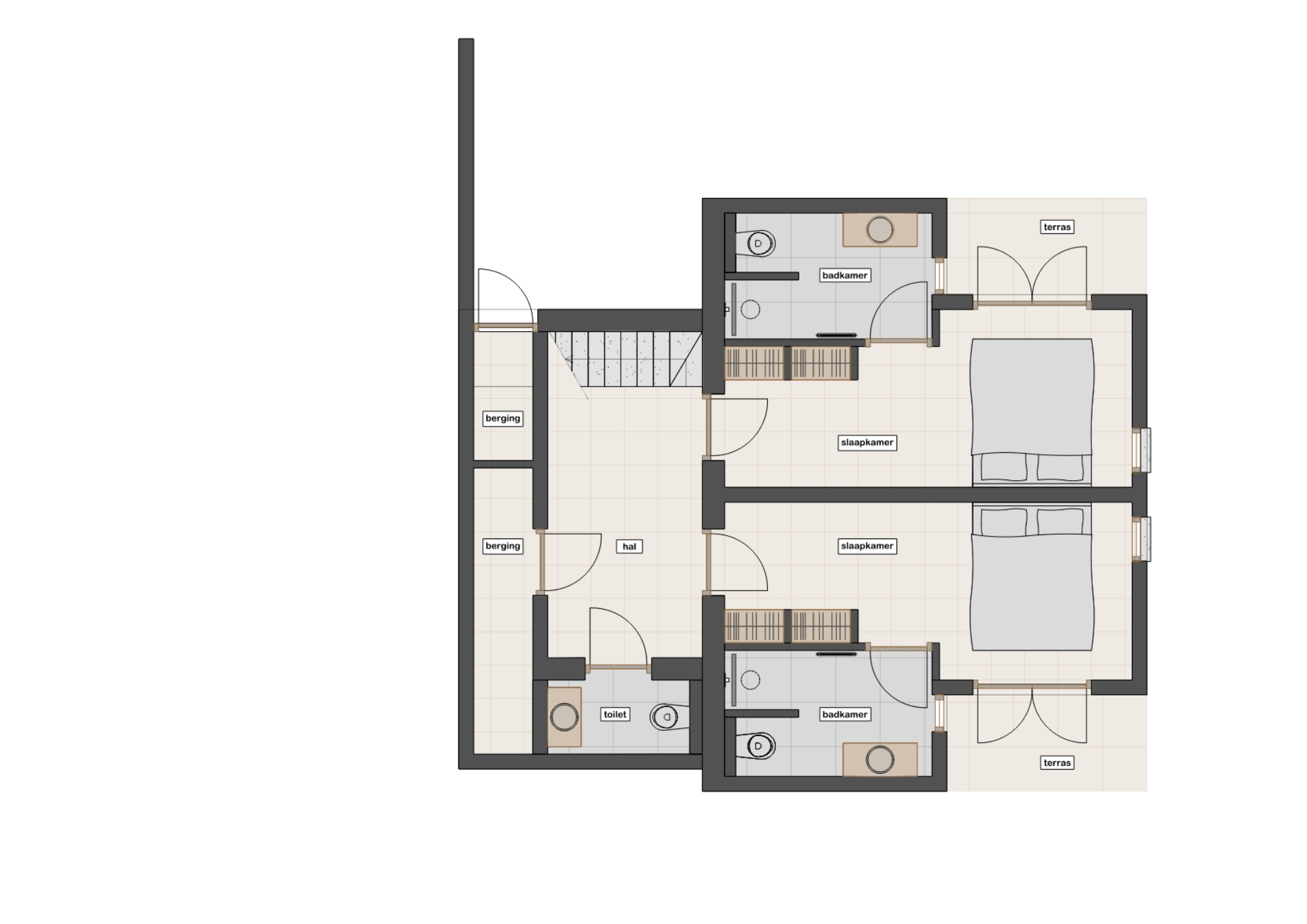 Plattegrond slaapkamerniveau met twee slaapkamers, elk met eigen badkamer en terras
