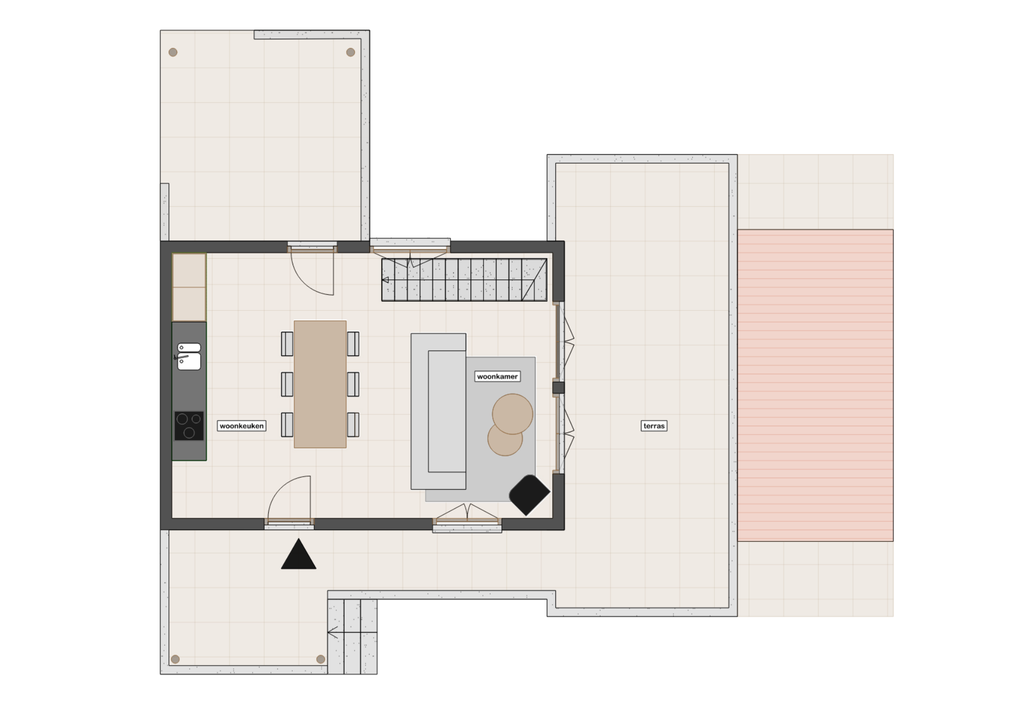 Plattegrond entreeniveau met woonkeuken, woonkamer en terras met zwembad