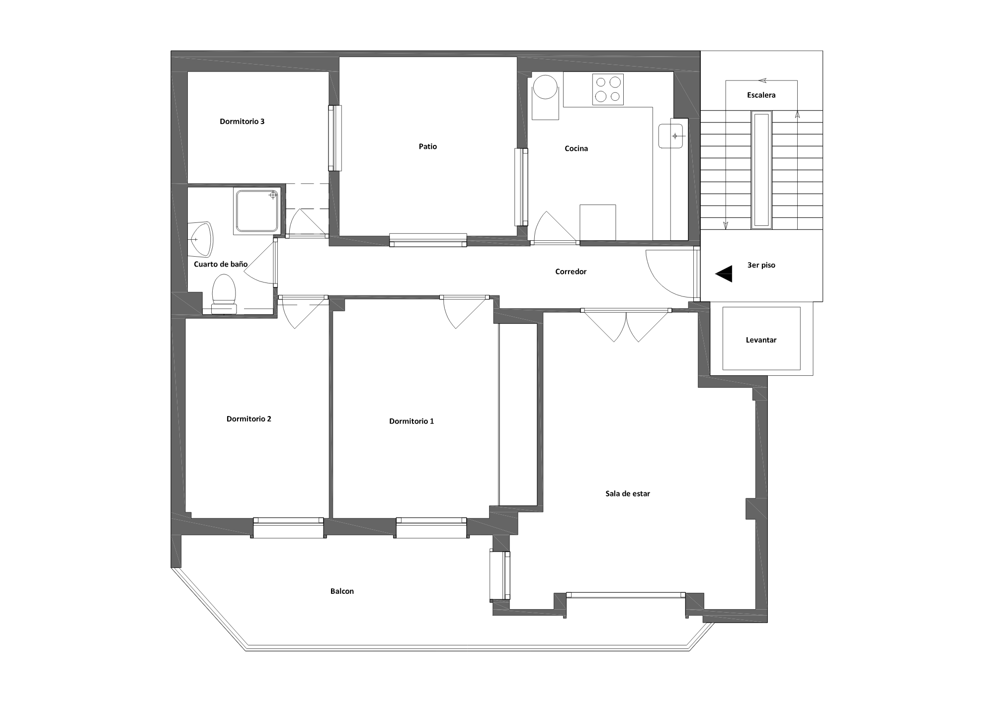 Plattegrond appartement, oorspronkelijke situatie